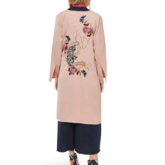 TopShop Beige Tiger Embroidered Duster Jacket Sz.2 - Picture 2 of 16